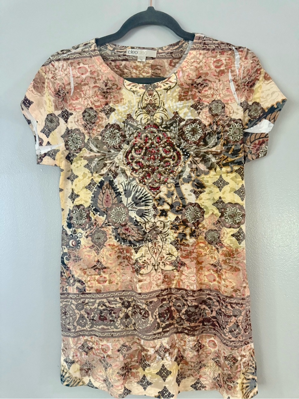 CLEO Boho Embellished Mosaic Mandala Graphic T-Shirt Tee Earth Tone Sz L